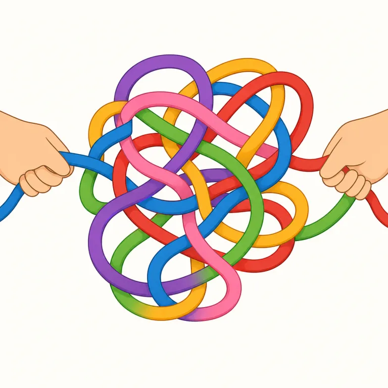 entangling（絡ませる・動詞）の覚え方イラスト — まず tangle を「糸や話がこんがらがる」の基本形として覚えると、en+tangle で「中に巻き込んで、もつれ状態にする」と取りやすくなります