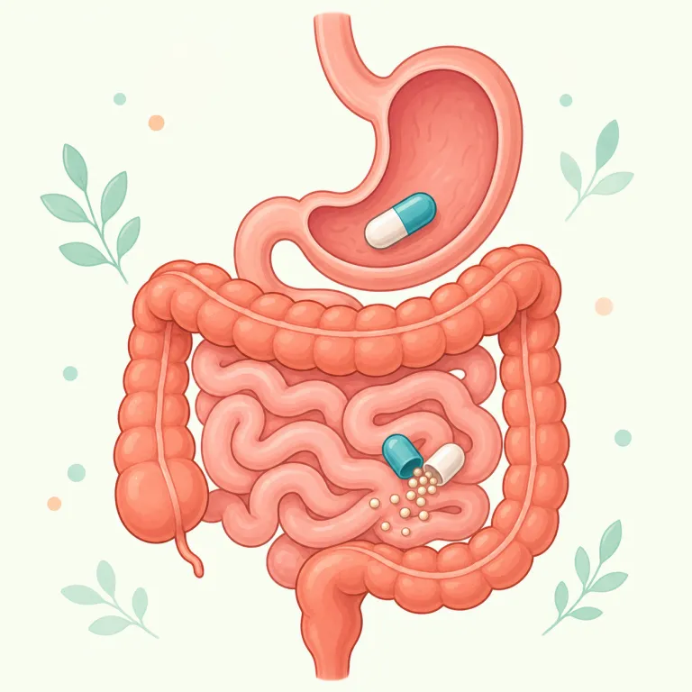 enteric（腸管の/腸溶性・形容詞）の覚え方イラスト — -ic は「…に関する」を表すので、まず enter- を見たら「腸」と反応できる形にしておく