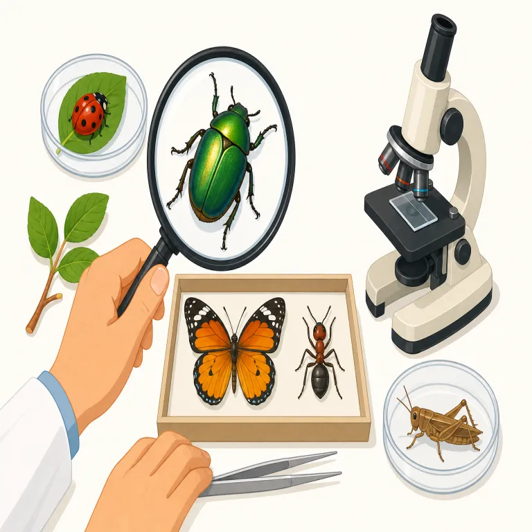 entomology（昆虫学・名詞）の覚え方イラスト — まず語尾の -ology を見たら、biology・zoology・geology と同じ「〜学」だと反応する