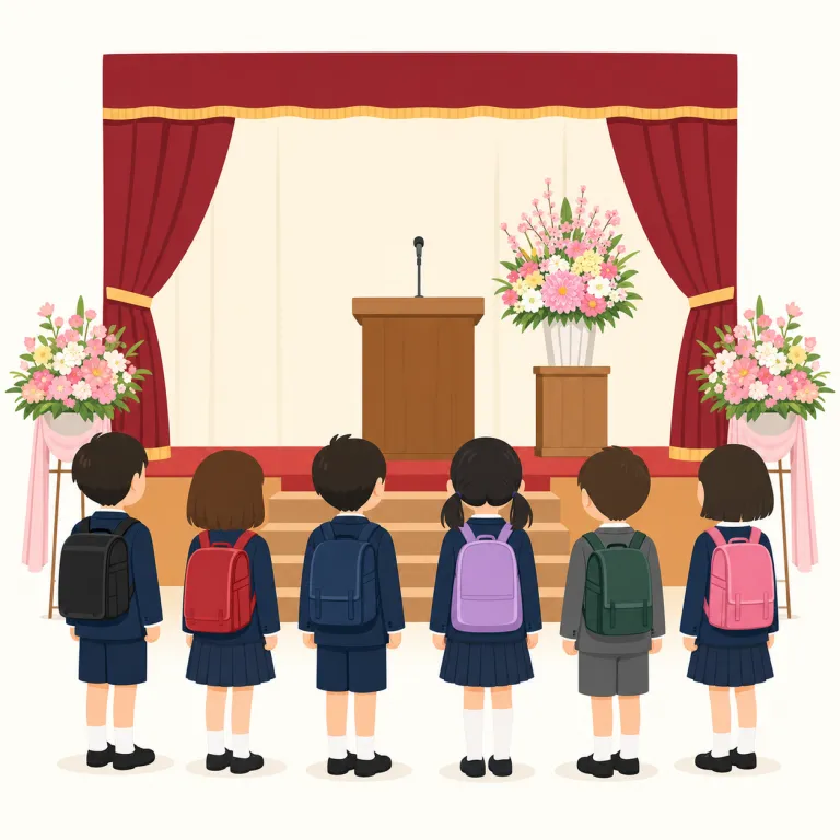entrance ceremony（入学式・名詞）の覚え方イラスト — entrance ceremony は、学校に新しく入る人を迎える「入学式」として覚えます