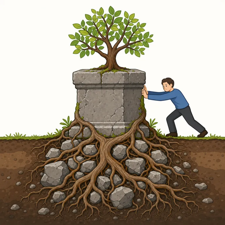 entrenched（根強い・形容詞）の覚え方イラスト — entrenched は「その場に長く固定され、簡単には動かない」とまとめて覚えると使いやすい