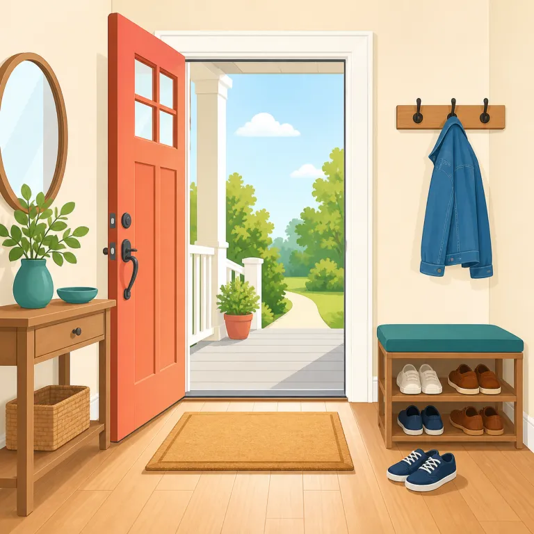 entryway（玄関・名詞）の覚え方イラスト — entry を「入ること」、way を「道」と分けると、「中へ入っていくための道・空間」で entryway が覚えやすい