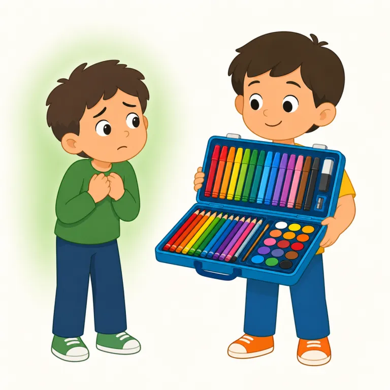 envy（うらやむ・動詞）の覚え方イラスト — envy は、相手そのものを評価する admire ではなく、「相手が持つものを自分もほしい」と感じる動詞です