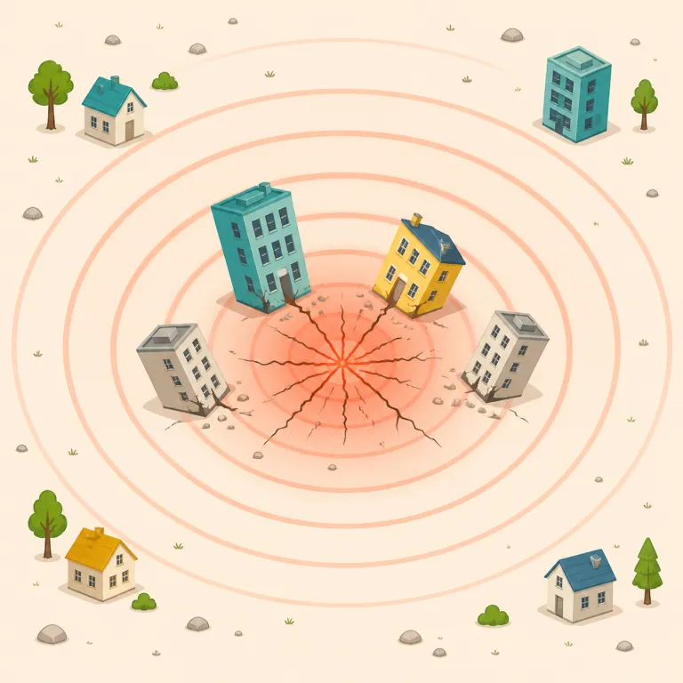 epicenter（中心地・noun）の覚え方イラスト
