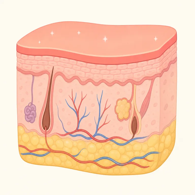 epidermal（表皮の・形容詞）の覚え方イラスト — derm が入る語は dermatology（皮膚科）や dermatitis（皮膚炎）など「皮膚」まわりが多いので、epidermal もまず皮膚関連と当たりをつける