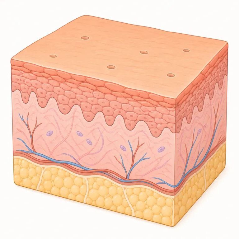 epidermis（表皮・名詞）の覚え方イラスト — dermをdermatology（皮膚科）やdermisと結びつけると、「皮膚に関する語だ」とすぐ判別できます