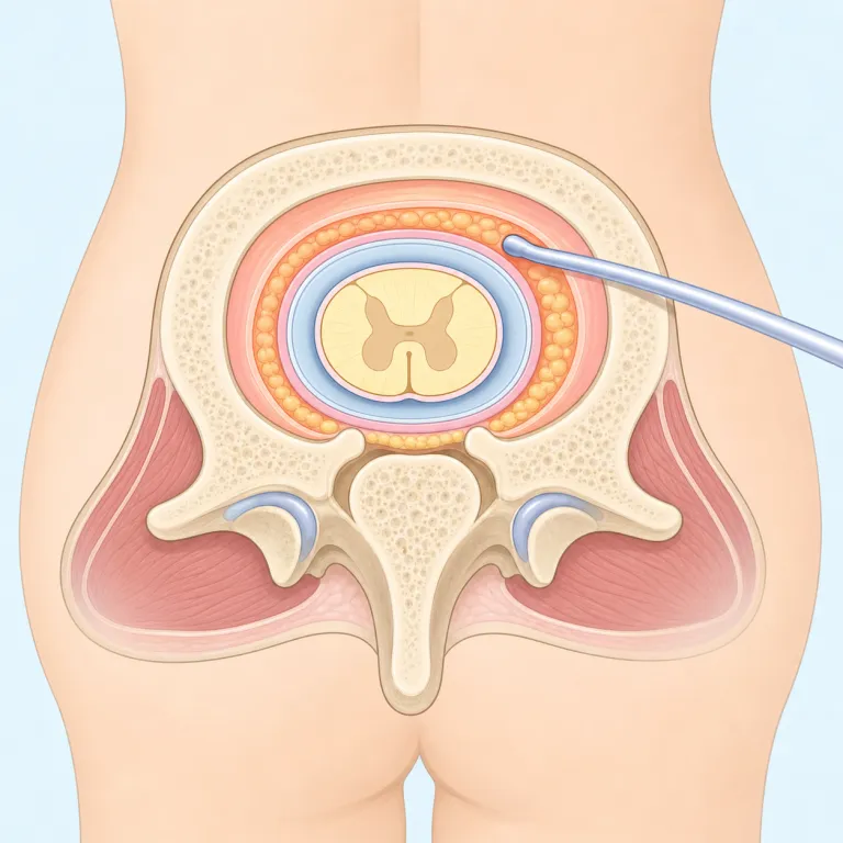 epidural（硬膜外麻酔・名詞）の覚え方イラスト — epi-は「表面・外側」を連想