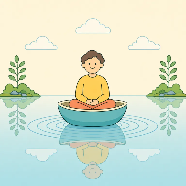 equable（穏やかな・形容詞）の覚え方イラスト — equal「等しい」と同じ語根を持つことに注目し、気分の波の高さがいつも「等しい」状態と覚えると定着しやすいです