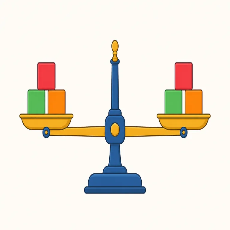 equal（等しい・形容詞）の覚え方イラスト — equal は「天びんの左右が同じ高さで止まる」イメージで、判断の正しさよりも、結果として差がないことに焦点があります