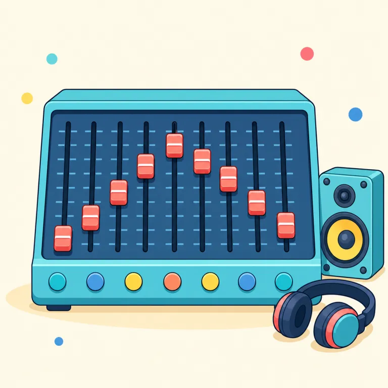 equalizer（イコライザー、音質調整器・名詞）の覚え方イラスト — equal を知っていれば、「音を equal にする装置」と見ると覚えやすいです