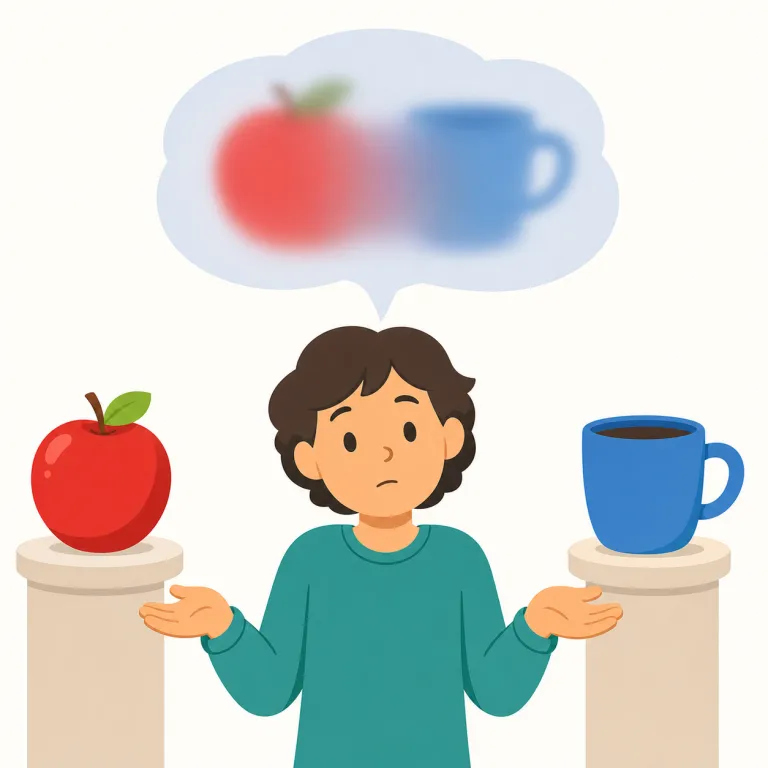 equivocate（曖昧に答える・動詞）の覚え方イラスト — equivocate は「yes か no かを期待されているのに、どちらとも取れる言い方で逃げる」と場面で覚えると強いです