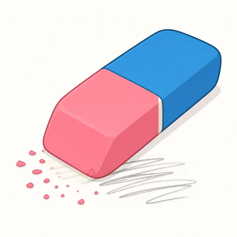 eraser（消しゴム・名詞）の覚え方イラスト — eraser は erase（消す）+ -er（道具）からできた語で、「消すための道具」を広く指せます