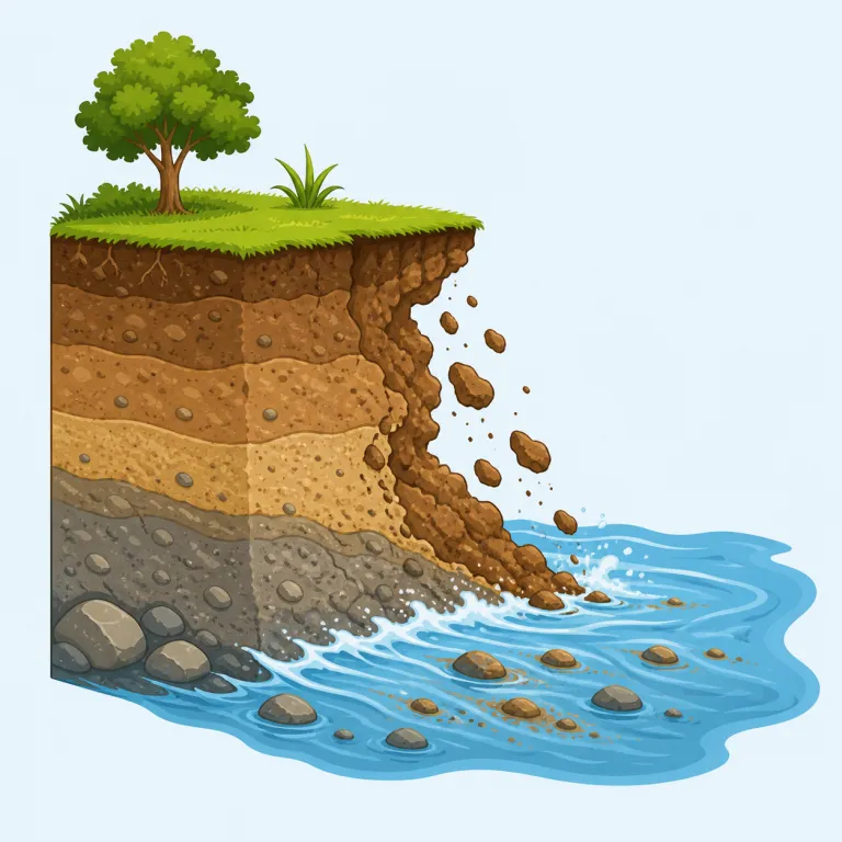 erosion（侵食・名詞）の覚え方イラスト — まず soil erosion（土壌侵食）と coastal erosion（海岸侵食）をセットで覚えると、自然現象の語として芯がつかめます