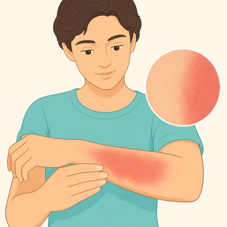 erythema（紅斑・名詞）の覚え方イラスト — まず erythro- を見たら、医療英語では red 系と反応できるようにすると覚えやすいです