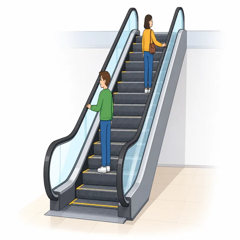 escalator（エスカレーター・名詞）の覚え方イラスト — elevator とセットで覚えると定着しやすい語