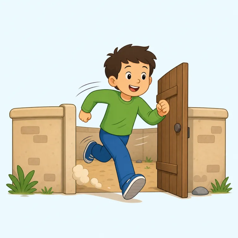 escape（逃げる・動詞）の覚え方イラスト — escape は「囲いの外へすり抜ける」とイメージすると、run away との違いが見えます
