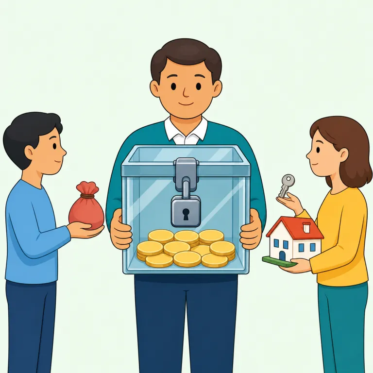escrow（供託 / 預託・名詞）の覚え方イラスト — escrow は「いったん相手に渡す」のではなく、「条件がそろうまで第三者が預かる」場面で覚えると定着します