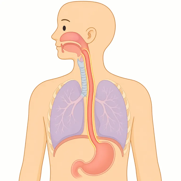esophageal（食道の・形容詞）の覚え方イラスト — 医学英語では、臓器名の名詞が形容詞になって「その臓器に関する」を表す形が多く、esophagus（食道）を知っていれば esophageal は「食道の」と取りやすいです