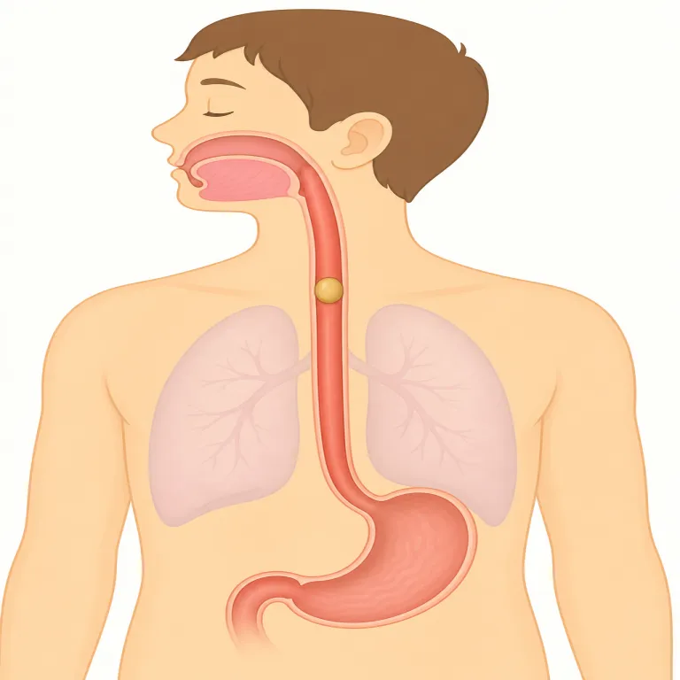 esophagus（食道・名詞）の覚え方イラスト — esophagus は日常会話より医療・解剖で出る語なので、意味は細かく分解せず "swallow した food が stomach へ向かう通路" という一場面で固定すると覚えやすい