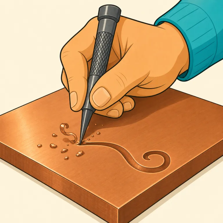 etch（刻みつける・動詞）の覚え方イラスト — etch A into/on B（AをBに刻みつける）が基本形