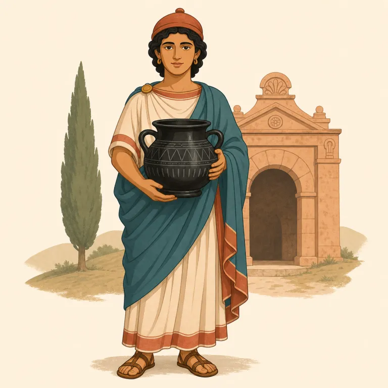 Etruscan（エトルリアの・形容詞）の覚え方イラスト — 形容詞の Etruscan は、博物館ラベルの “Etruscan bronze mirror” のように、展示物や遺跡に貼る産地・時代ラベルだと捉える