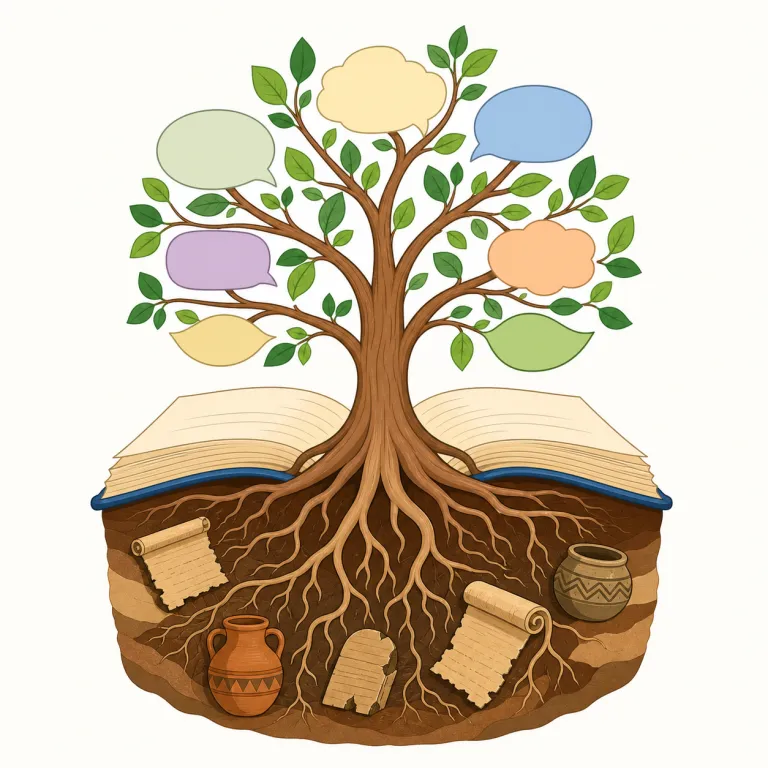 etymology（語源・名詞）の覚え方イラスト — まず -logy を見たら biology・geology・psychology と同じ「〜学・研究分野」だと反応する
