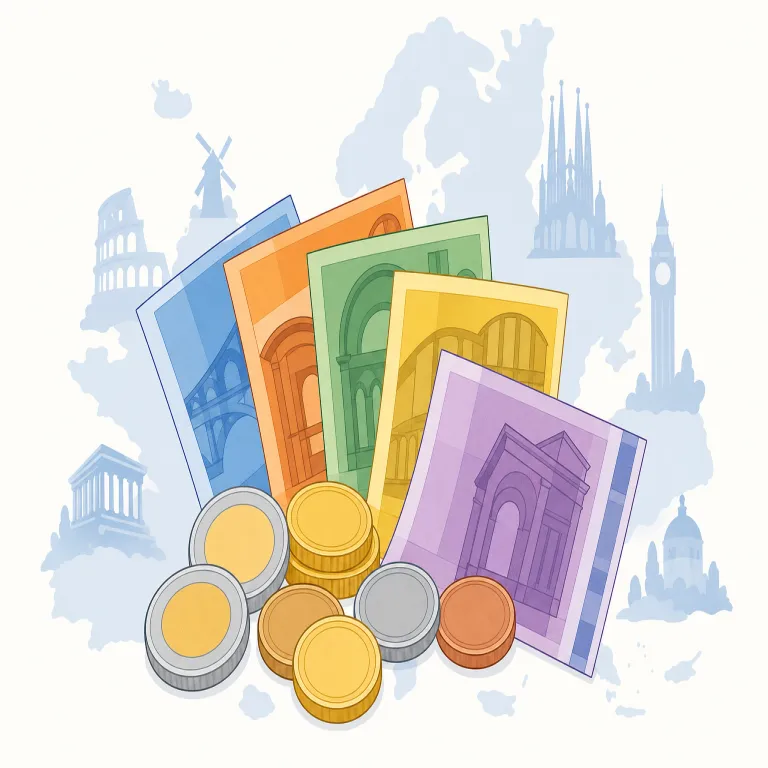 euro（ユーロ（欧州の共通通貨）・名詞）の覚え方イラスト — Europe, European, eurozone などの Eur-/euro- をひとまとまりで覚えると定着しやすい語です