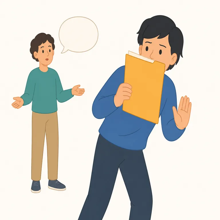 evasive（言い逃れの・形容詞）の覚え方イラスト — evade は「避ける、逃れる」という動詞で、evasive はその形容詞です