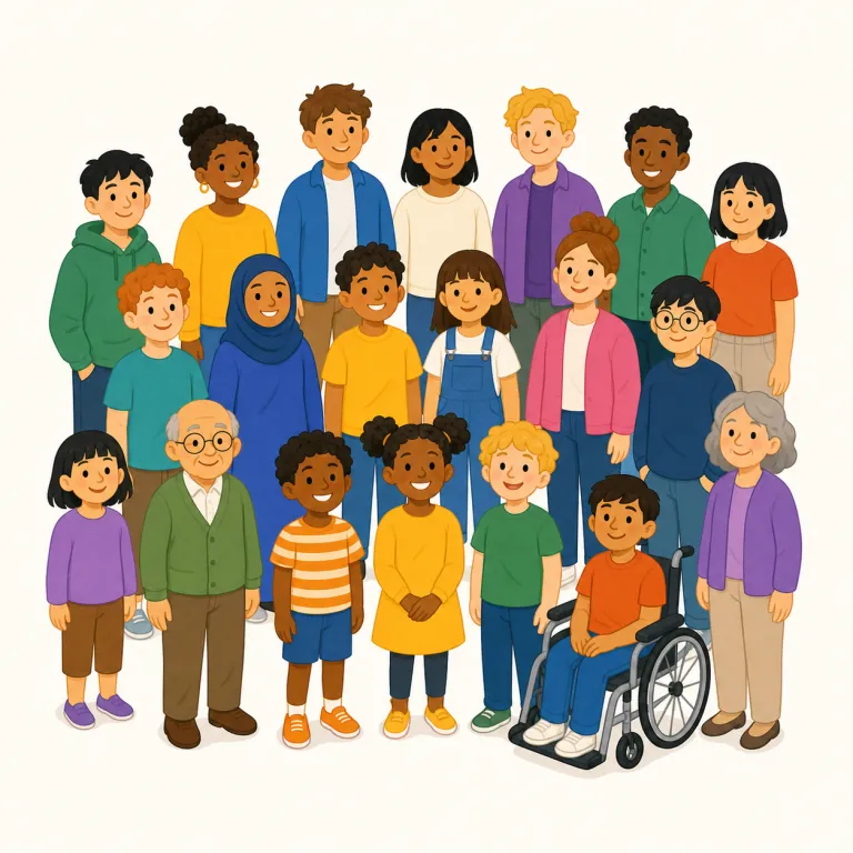 everybody（みんな・代名詞）の覚え方イラスト — every + body と分けて見ると、「一人ひとりを全部まとめると＝みんな」という形で覚えやすい