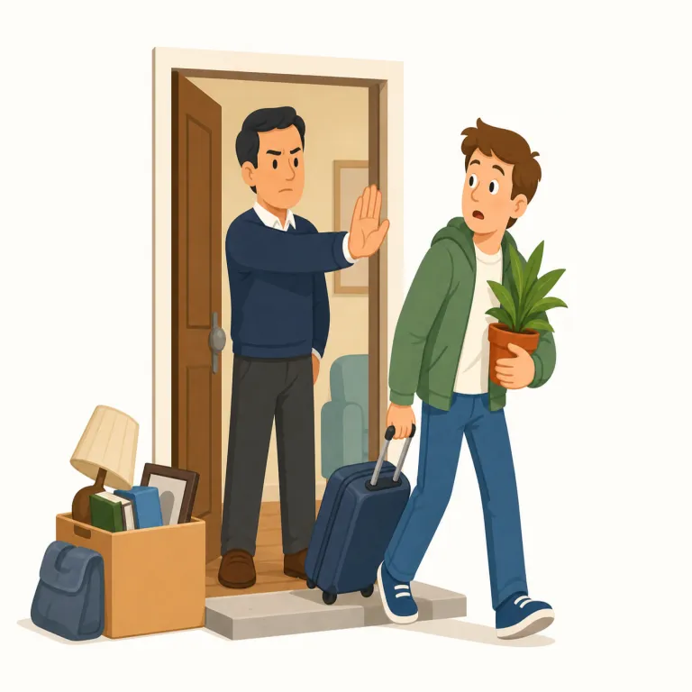 evict（立ち退かせる・動詞）の覚え方イラスト — e- で「外へ出す」感じの動詞があり、evict もまず『外へ出す』方向で捉えると覚えやすい
