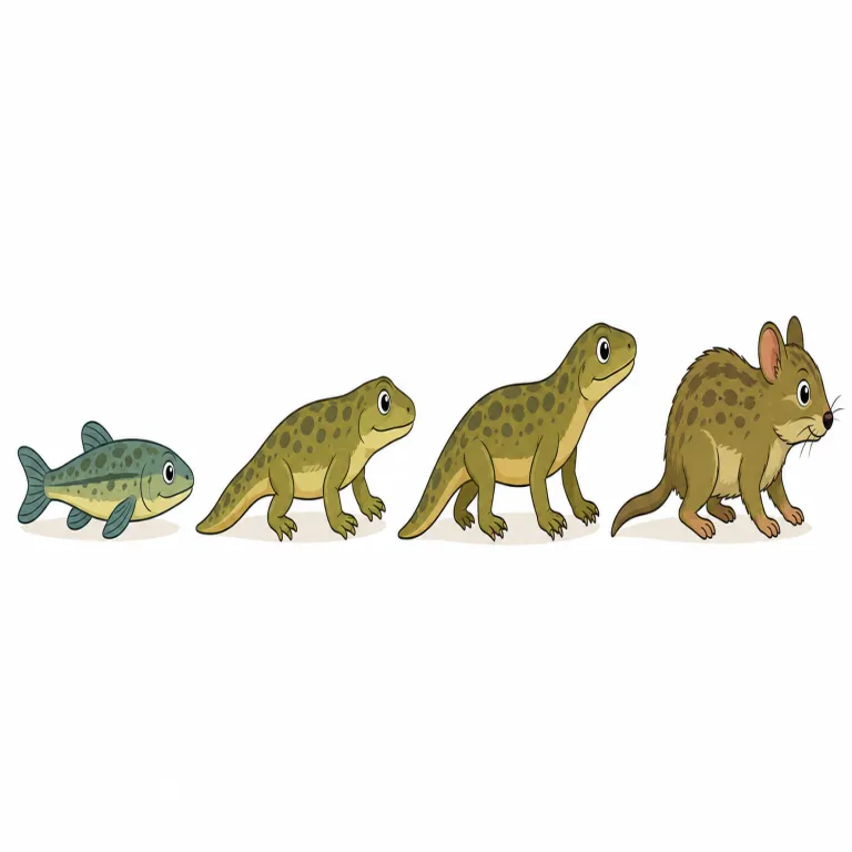 evolution（進化・名詞）の覚え方イラスト — この項目の evolution は、生物や仕組みが世代や長い時間を通じて少しずつ変わる「進化」を表します