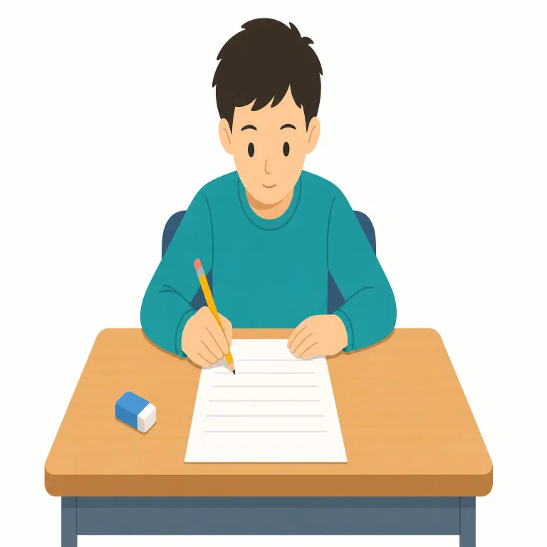 exam（試験・名詞）の覚え方イラスト — exam は examination の短縮形で、「人の力や知識を調べる場」と考えると「試験」に結びつきます