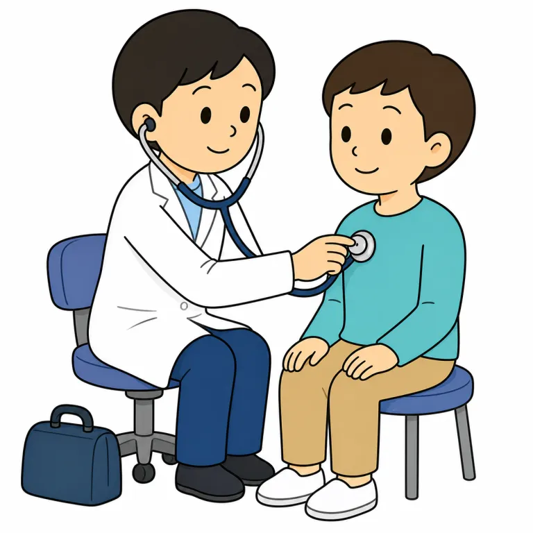 examine（診察する・verb）の覚え方イラスト