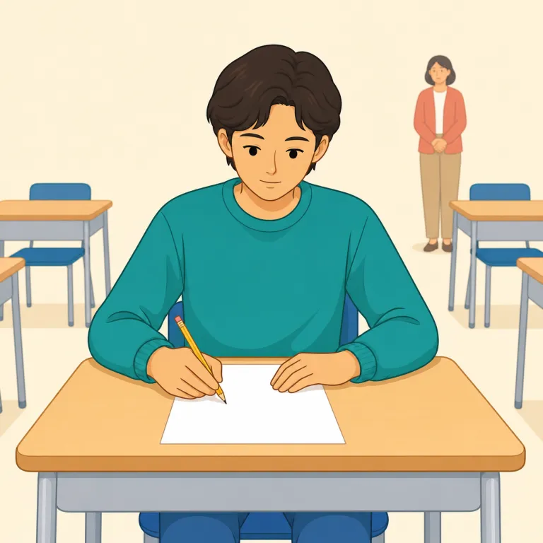 examinee（受験者・名詞）の覚え方イラスト — examine「試験する」に、動作を受ける人を表す -ee を付けた語なので、「試験される側」と考えると定着しやすいです