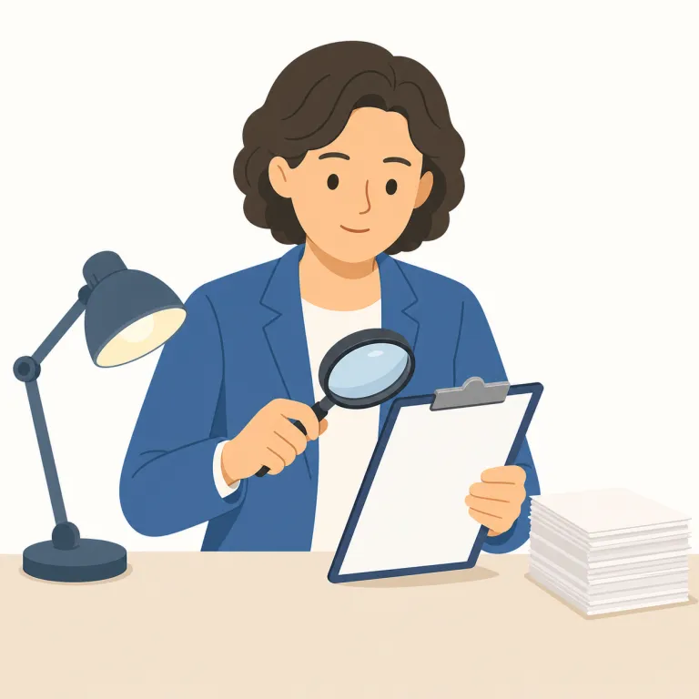 examiner（試験官、検視官・名詞）の覚え方イラスト — examiner は examine「詳しく調べる」＋ -er「それをする人」からできた語です