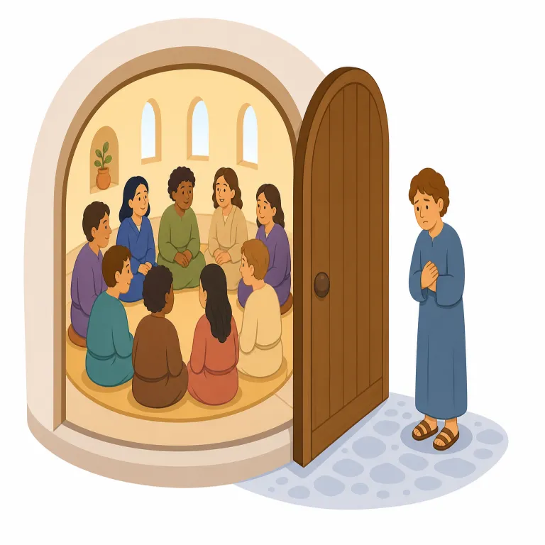 excommunicate（破門する・動詞）の覚え方イラスト — communicate は「やり取りする」、community は「共同体」