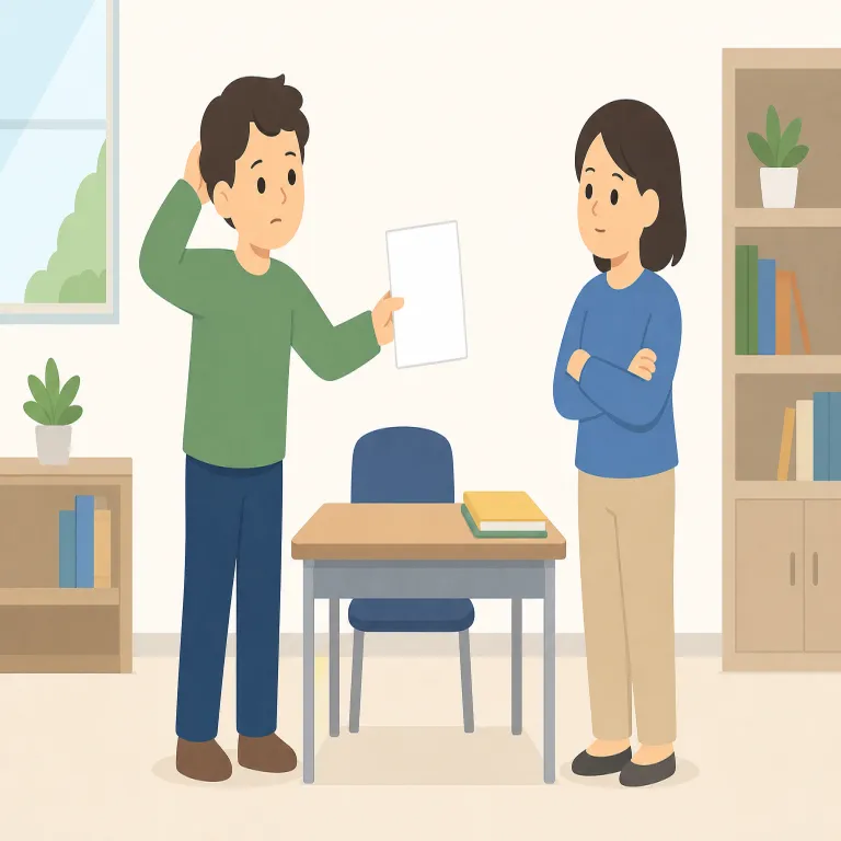 excuse（言い訳・名詞）の覚え方イラスト — 名詞の excuse は、問題が起きたあとに「こういう事情があった」と差し出す説明です