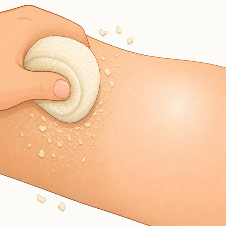 exfoliate（角質を取り除く・動詞）の覚え方イラスト — exfoliate はスキンケア文脈で覚えると定着しやすい語