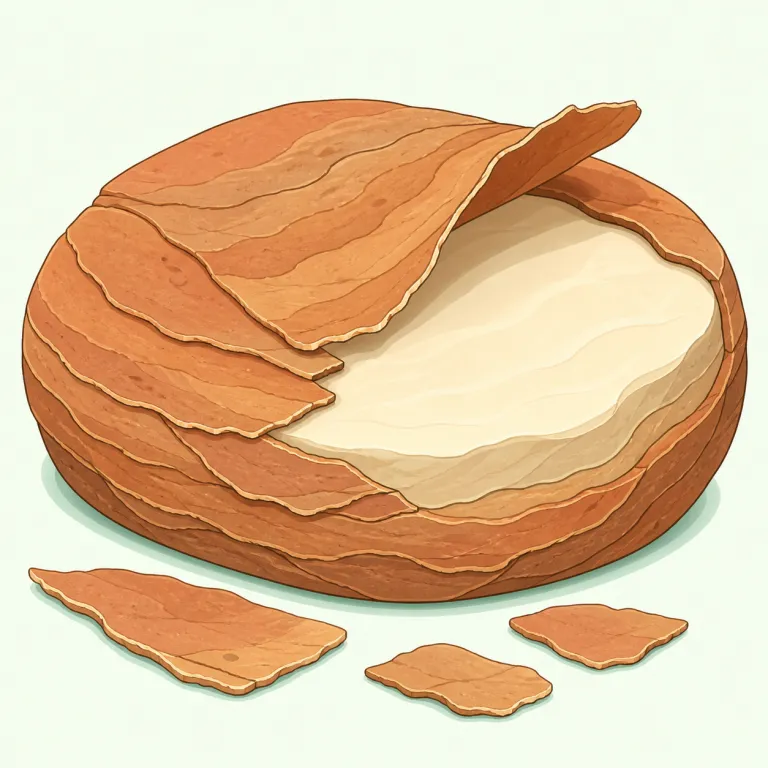 exfoliated（剥離した・形容詞）の覚え方イラスト — `ex-` は「外へ」と見て、まず `peel`「むく」や `remove`「取り除く」より細かく、「表面の薄い層をこすって落とす」動作だと押さえると覚えやすい語です