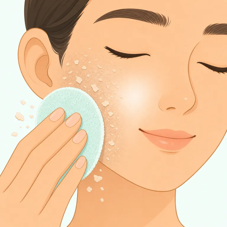 exfoliating（角質を除去する・形容詞）の覚え方イラスト — スキンケア文脈で見たら、まず「肌表面をこすって古いものを落とす」方向の語だと固定すると覚えやすいです