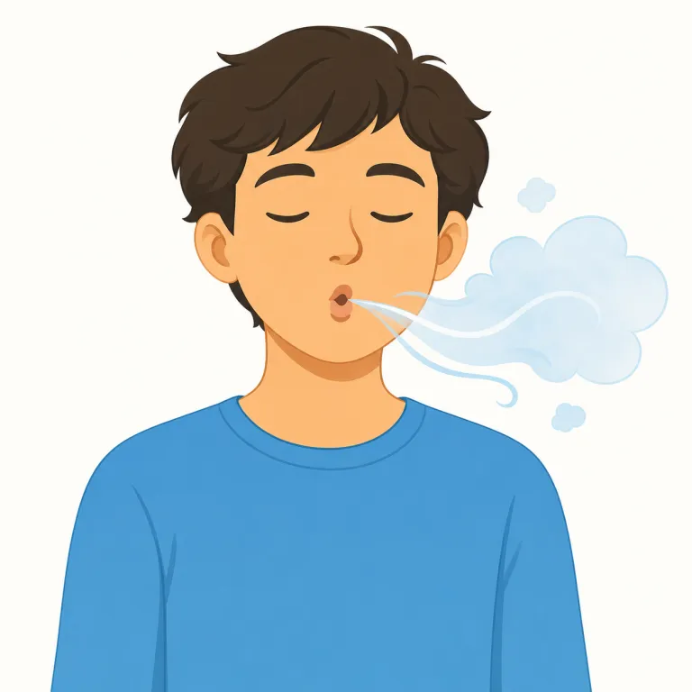 exhaling（息を吐き出す・動詞）の覚え方イラスト — まず inhale（息を吸う）とのペアで覚えると定着しやすいです