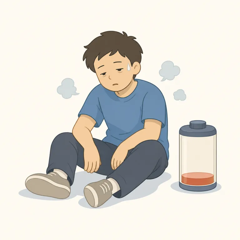 exhaustion（疲労困憊、枯渇・名詞）の覚え方イラスト — まず動詞 exhaust「使い果たす」、形容詞 exhausted「へとへと」をセットで覚えると、exhaustion はその“使い果たされた状態”だと取りやすいです
