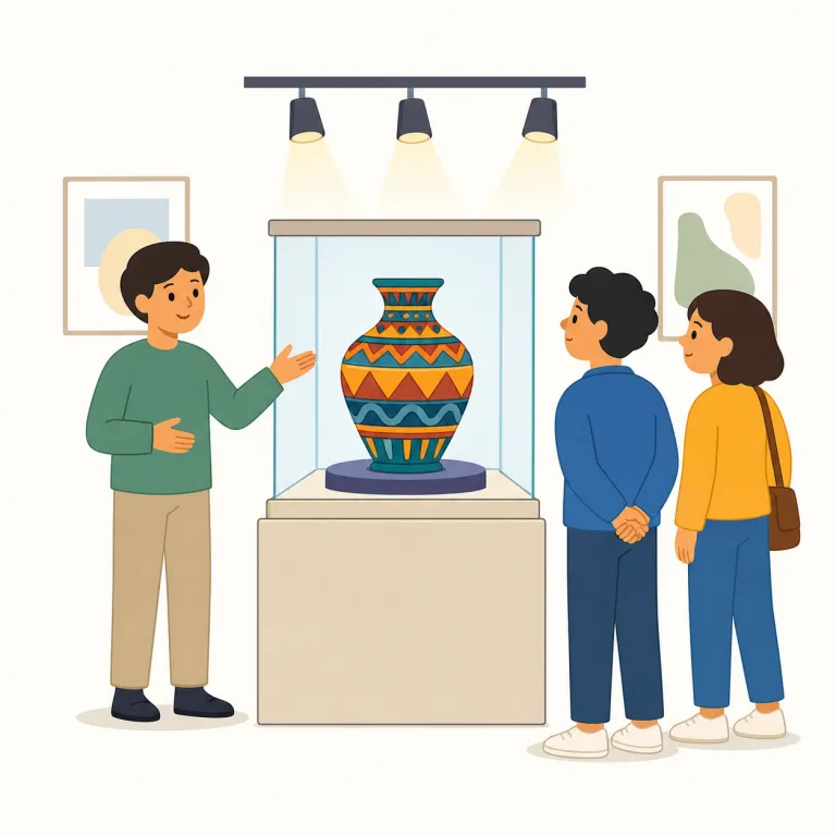 exhibit（展示する・動詞）の覚え方イラスト — ex-「外へ」＋hibit「持つ」と考え、保管庫や作業台の内側にあった物を外へ出し、札や照明を付けて人に見せる動作を思い浮かべると覚えやすいです