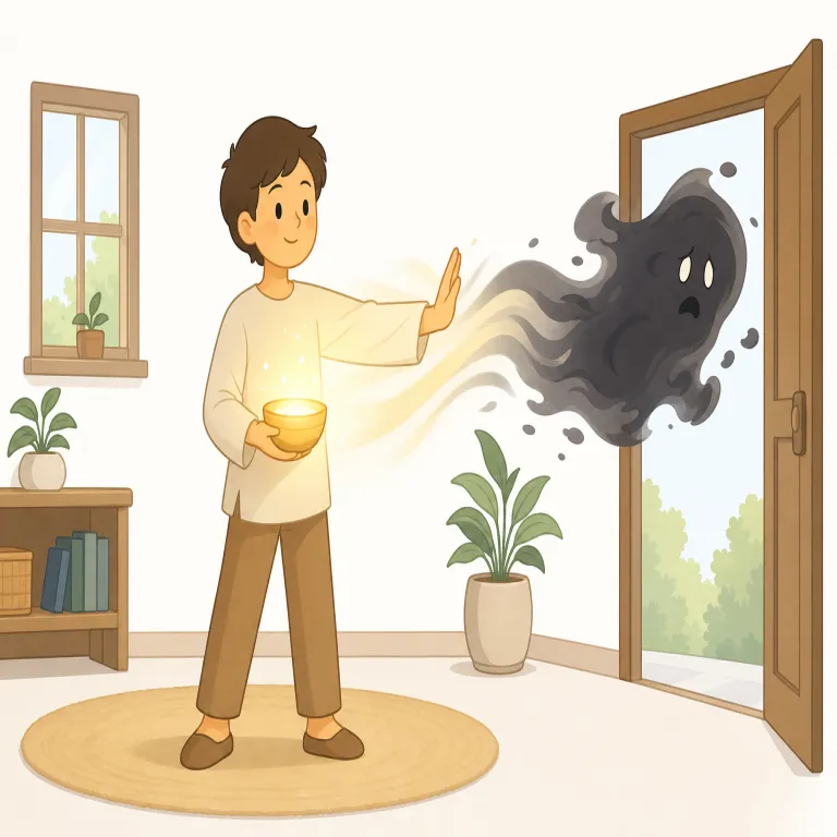 exorcise（（悪霊などを）追い払う・動詞）の覚え方イラスト — まず名詞 exorcism（悪魔払い）や exorcist（悪魔祓いをする人）とセットで覚えると定着しやすい語です