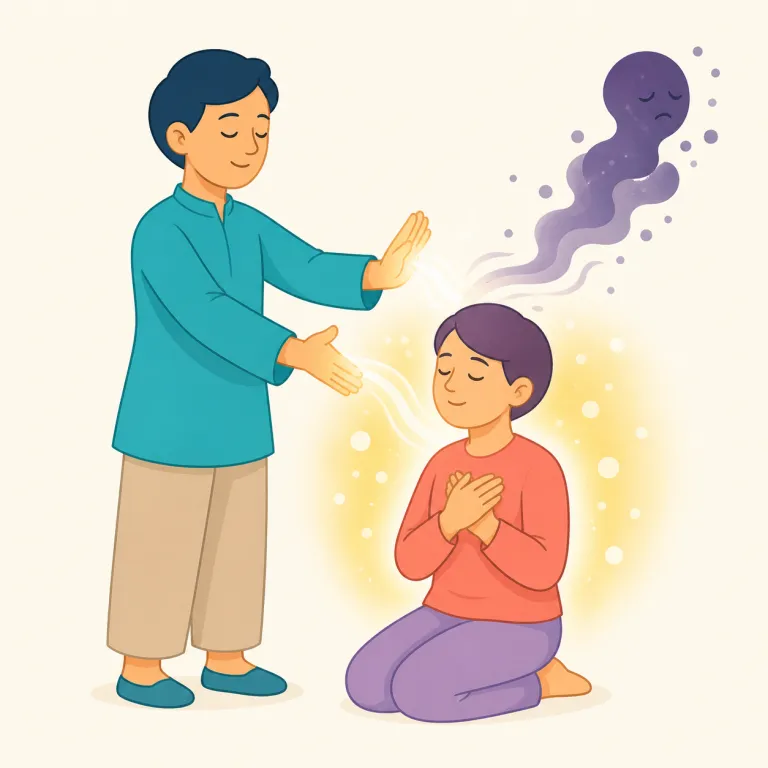 exorcism（悪魔祓い・名詞）の覚え方イラスト — exorcise（悪魔を追い払う）を知っていれば、その名詞形が exorcism