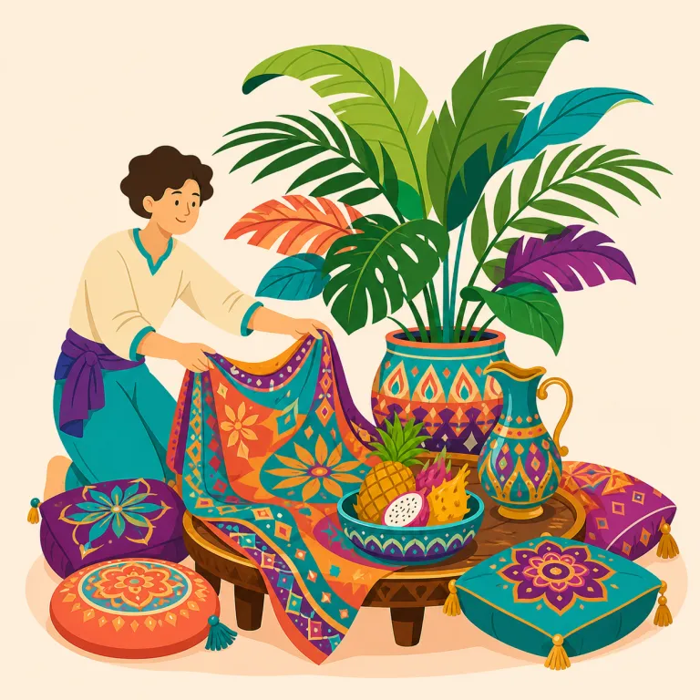 exotically（異国風に・副詞）の覚え方イラスト — exotic「異国風の、珍しい」＋-ally「〜に」と分け、普段の生活圏の「外」から来た雰囲気を思い浮かべます