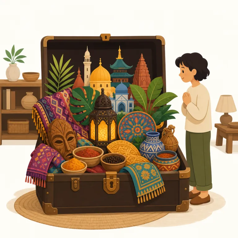 exoticism（異国情緒・名詞）の覚え方イラスト — このエントリでは、exoticism を「異国趣味」そのものではなく、外国文化らしさが生む雰囲気や美的魅力として覚えます