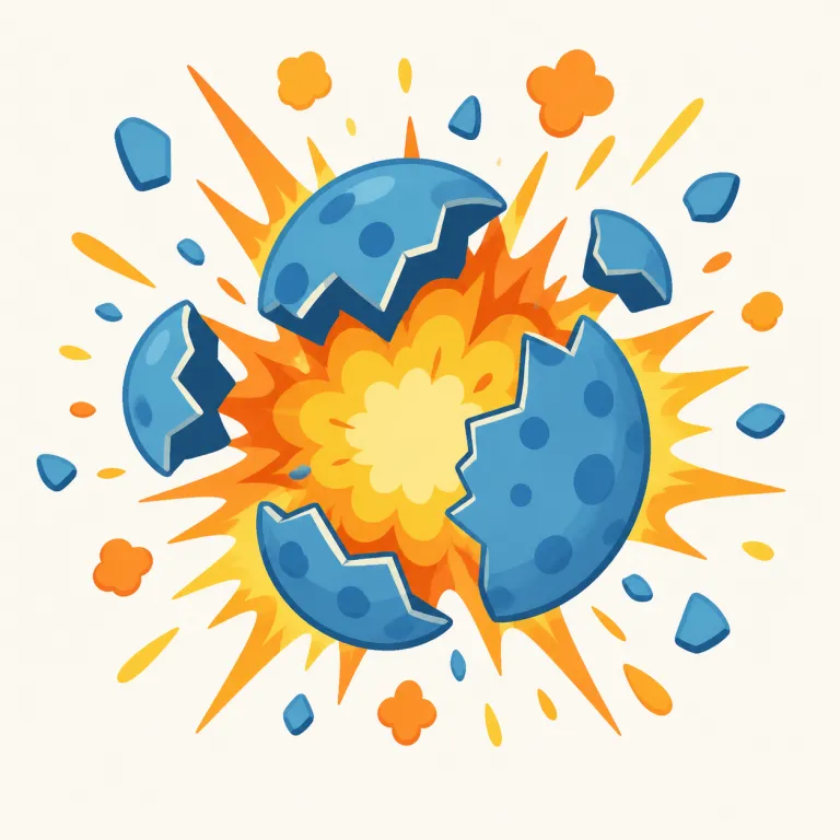 explode（爆発する、急増する・動詞）の覚え方イラスト — expl- を見たら「外へ一気に広がる動き」を連想すると覚えやすい