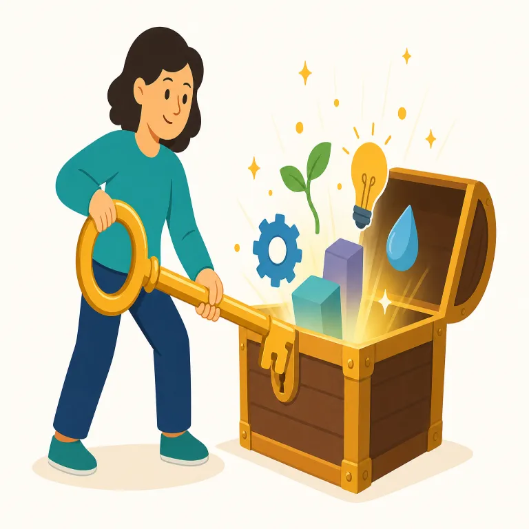 exploit（利用する・動詞）の覚え方イラスト — exploit を「利用する、活用する」と覚えるときは、単なる use より強く、機会・資源・技術・弱点を見つけて有利な結果を引き出す動詞だと考えます