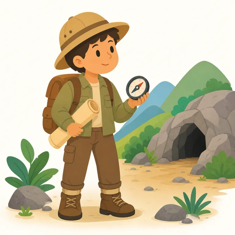 exploration（探検・名詞）の覚え方イラスト — この exploration は「調査」という抽象的な意味ではなく、未知の場所へ実際に入り、見つけたり調べたりする「探検」を表します